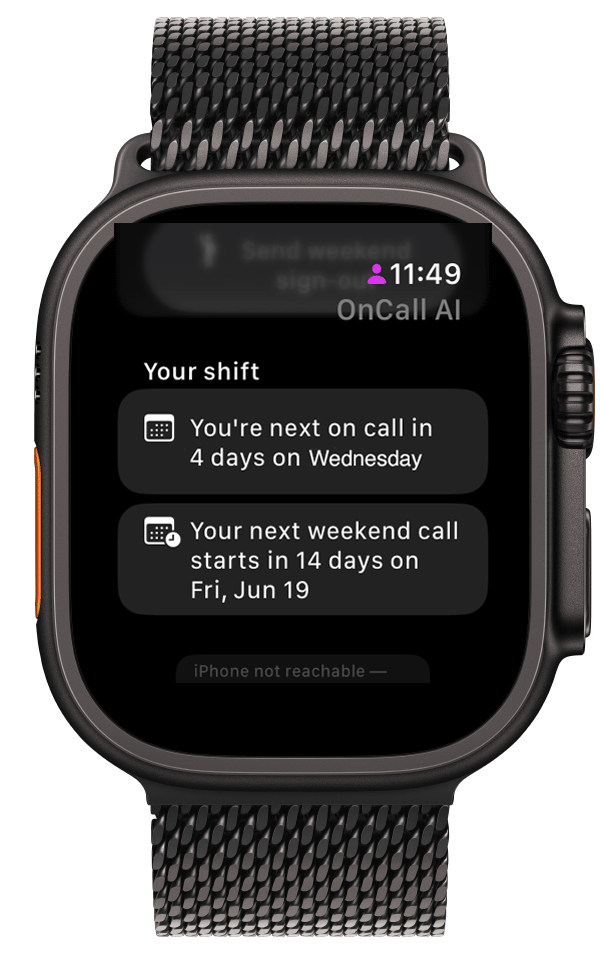 OnCall AI Apple Watch — who's on call and your next shift